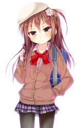 Rule 34 | 1girl, bag, black pantyhose, blush, brown eyes, brown hair, cafe-chan to break time, cafe (cafe-chan to break time), cardigan, commentary request, eyebrows, flower, hair flower, hair ornament, twirling hair, hand in pocket, hat, head tilt, long hair, long sleeves, looking at viewer, matching hair/eyes, miniskirt, neckerchief, pantyhose, plaid, plaid skirt, porurin (do-desho), school bag, school uniform, shoulder bag, skirt, solo