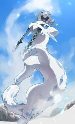 Rule 34 | animal focus, blue eyes, blue sky, bright pupils, chien-pao, closed eyes, cloud, commentary request, creatures (company), frigibax, game freak, highres, ice, nintendo, no humans, nullma, open mouth, outdoors, pokemon, pokemon (creature), riding, riding pokemon, sky, smile, snow, snow leopard, tail, whiskers, white fur, white pupils