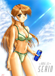 Rule 34 | 1girl, android, artist request, bikini, breasts, brown eyes, brown hair, can, cleavage, cloud, collarbone, drink can, green bikini, holding, lens flare, light rays, long hair, looking at viewer, medium breasts, navel, robot, robot ears, serio (to heart), sky, soda can, standing, sunbeam, sunlight, swimsuit, to heart, to heart (series)