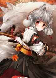 Rule 34 | 1girl, animal ears, autumn leaves, blush, chain, detached sleeves, drawing sword, fighting stance, hat, holding, holding sword, holding weapon, inubashiri momiji, japanese clothes, katana, kei kei, kourindou tengu costume, leaf, looking at viewer, maple leaf, ready to draw, red eyes, short hair, silver hair, solo, sword, tail, tokin hat, touhou, weapon, wolf, wolf ears, wolf tail, yellow eyes