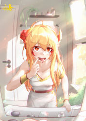 Rule 34 | 1girl, absurdres, alicia leonora, bathroom, blonde hair, dragon girl, dragon horns, dress, fang, fangs, finger in own mouth, finger to mouth, highres, horns, long hair, looking at viewer, mirror, monster girl, original, pov, red eyes, self-upload, standing, sunlight, tail, tongue, tongue out, white dress