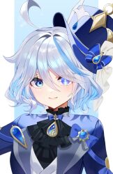 Rule 34 | 1girl, absurdres, ahoge, ascot, black ascot, blue bow, blue eyes, blue hair, blue hat, blue jacket, bow, brooch, educk, furina (genshin impact), genshin impact, hair between eyes, hat, hat bow, highres, jacket, jewelry, looking at viewer, short hair, smile, solo, top hat, upper body