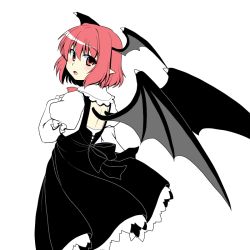 Rule 34 | 1girl, back cutout, bat wings, blush, clothing cutout, dress, frilled skirt, frills, head wings, isaki (gomi), juliet sleeves, koakuma, long sleeves, looking at viewer, looking back, open mouth, pointy ears, puffy sleeves, red hair, short hair, simple background, skirt, solo, touhou, white background, wings