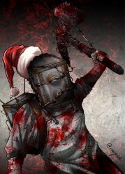Rule 34 | 1boy, apron, barbed wire, blood, commentary request, hammer, hat, holding, holding weapon, male focus, santa hat, solo, the evil within, the keeper, twitter username, weapon, yua (checkmate)