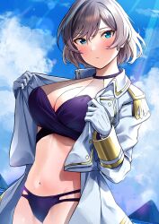 Rule 34 | 1girl, absurdres, bikini, bikini under clothes, blue eyes, blue sky, blush, breasts, brown hair, cleavage, closed mouth, cloud, commentary request, dutch angle, epaulettes, gloves, gridman universe, halterneck, highres, jacket, large breasts, light frown, long sleeves, looking at viewer, military jacket, mujina, navel, necktie, ocean, open clothes, open jacket, outdoors, purple bikini, short hair, sky, solo, ssss.dynazenon, swimsuit, totoki86, white gloves, white jacket