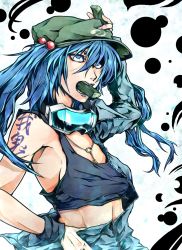 Rule 34 | 1girl, arm up, blue eyes, blue hair, breasts, cucumber, female focus, goggles, hair bobbles, hair ornament, hat, kawashiro nitori, key, looking up, matching hair/eyes, aged up, open mouth, ryuuichi (f dragon), shirt, sideboob, skirt, sleeveless, sleeveless shirt, small breasts, solo, tank top, tattoo, touhou, twintails, two side up