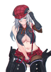 Rule 34 | 0.7 (aysatnegr), 1girl, alisa ilinichina amiella, aqua eyes, asymmetrical gloves, bare shoulders, between legs, black footwear, black vest, blush, boots, breasts, brown thighhighs, cabbage, cleavage, closed mouth, elbow gloves, fingerless gloves, gloves, god eater, hair between eyes, hand between legs, hand on headwear, hat, high heel boots, high heels, large breasts, long hair, looking at viewer, miniskirt, navel, neck ribbon, pantyhose, plaid, plaid headwear, plaid skirt, pleated skirt, red hat, red ribbon, red skirt, ribbon, silver hair, simple background, single elbow glove, single fingerless glove, sitting, skirt, smile, solo, stomach, suspender skirt, suspenders, suspenders slip, thigh boots, thighhighs, uneven gloves, vest, wariza, white background