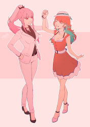 2girls, belt, bow, breasts, choker, cleavage, collarbone, commentary, cuffs, dress, english commentary, eyebrows visible through hair, eyes closed, formal, hand on hip, hat, hat bow, high heels, highres, hololive, hololive english, large breasts, long hair, long ponytail, medium breasts, mori calliope, multicolored hair, multiple girls, omniformblue, orange hair, pink hair, ponytail, signature, simple background, sleeveless, sleeveless dress, smile, suit, takanashi kiara, two-tone hair