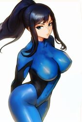 Rule 34 | 1girl, ai-assisted, black hair, blue bodysuit, blue eyes, bodysuit, breasts, closed mouth, commentary, commentary request, covered navel, curvy, english commentary, highres, large breasts, long hair, looking at viewer, metroid, nico robin, nintendo, one piece, ponytail, samus aran, shiny skin, sidelocks, simple background, solo, vcais, very long hair, white background, wide hips