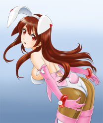Rule 34 | 1girl, animal ears, ass, blue background, breasts, brown hair, chaborin, elbow gloves, fake animal ears, female focus, gloves, gradient background, leotard, long hair, looking at viewer, pantyhose, playboy bunny, rabbit ears, rabbit tail, red eyes, saki (manga), sideboob, solo, tail, thighhighs