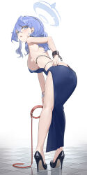 Rule 34 | 1girl, absurdres, ako (blue archive), ako (dress) (blue archive), animal collar, ass, backless dress, backless outfit, berserker r, black footwear, black hairband, black panties, blue archive, blue dress, blue eyes, blue hair, blue halo, blush, breasts, collar, cuffs, dress, earrings, floor, hair between eyes, hairband, halo, handcuffs, high heels, highres, jewelry, kneepits, large breasts, leash, long hair, looking at viewer, official alternate costume, open mouth, panties, patent heels, pumps, shoes, sleeveless, sleeveless dress, solo, standing, stiletto heels, underwear