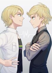 Rule 34 | 2boys, adrien agreste, black necktie, black shirt, black vest, blonde hair, collared jacket, collared shirt, commentary request, cosplay, costume switch, cousins, crossed arms, felix fathom, from side, gradient background, green eyes, grey background, grey shirt, hands on own hips, highres, hm89509321, jacket, jewelry, long sleeves, looking at another, male focus, miraculous ladybug, multiple boys, necktie, open clothes, open jacket, ring, serious, shirt, short hair, short sleeves, smile, swept bangs, upper body, vest, watermark, white jacket
