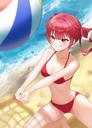 Rule 34 | 1girl, ball, beach, beach volleyball, bikini, blush, breasts, cleavage, collarbone, dawon, feet, female focus, foot out of frame, grin, hair ribbon, halterneck, heterochromia, highres, hololive, houshou marine, large breasts, long hair, narrow waist, outdoors, playing sports, red eyes, red hair, ribbon, shore, smile, solo, swimsuit, twintails, virtual youtuber, volleyball, volleyball (object), yellow eyes