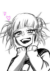 Rule 34 | 10s, 1girl, absurdres, blush, boku no hero academia, double bun, hair bun, hands on own cheeks, hands on own face, heart, highres, messy hair, open mouth, school uniform, smile, solo, toga himiko, upper body, yandere trance