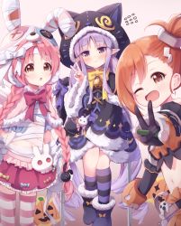 Rule 34 | 1girl, 3girls, alternate costume, animal hat, bandages, blush, braid, button eyes, buttons, commentary, hair ornament, hair ribbon, hairclip, hat, highres, kyoka (halloween) (princess connect!), kyoka (princess connect!), long hair, looking at viewer, mimi (halloween) (princess connect!), mimi (princess connect!), misogi (halloween) (princess connect!), misogi (princess connect!), multiple girls, nervous sweating, one eye closed, open mouth, orange hair, pink hair, pointy ears, princess connect!, purple hair, rabbit hair ornament, rabbit hat, ribbon, setmen, short hair, side ponytail, simple background, socks, striped clothes, striped socks, striped thighhighs, sweat, thighhighs, twin braids, v, white background