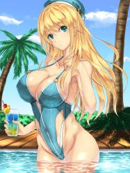 Rule 34 | 10s, 1girl, absurdres, adapted costume, atago (kancolle), beret, blonde hair, blue sky, breasts, casual one-piece swimsuit, cleavage, cloud, commentary request, day, glass, green eyes, hat, highleg, highleg swimsuit, highres, kantai collection, large breasts, long hair, looking at viewer, luna (gunfire), o-ring, o-ring swimsuit, o-ring top, one-piece swimsuit, palm tree, pool, sky, solo, swimsuit, tree