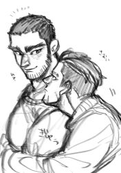 Rule 34 | 2boys, absurdres, bara, beard stubble, blank stare, buzz cut, couple, eye contact, facial hair, from side, golden kamuy, greyscale, happy aura, head on another&#039;s shoulder, highres, hug, hug from behind, kasuke (li tgknk), looking at another, loose hair strand, male focus, mature male, monochrome, multiple boys, muscular, muscular male, ogata hyakunosuke, pectorals, short hair, sketch, smile, stubble, tanigaki genjirou, thick eyebrows, very short hair, yaoi
