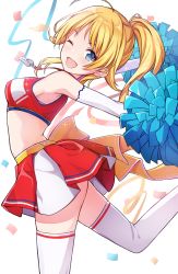 Rule 34 | 1girl, ;d, ahoge, alisia0812, arm warmers, armpits, bare shoulders, blonde hair, blue eyes, breasts, cheerleader, confetti, crop top, hachimiya meguru, hair flaps, highres, holding, idolmaster, idolmaster shiny colors, leg up, long hair, looking at viewer, medium breasts, midriff, miniskirt, one eye closed, open mouth, outstretched arms, pleated skirt, pom pom (cheerleading), ponytail, red shirt, shirt, skirt, sleeveless, sleeveless shirt, smile, solo, thighhighs, whistle, white thighhighs, zettai ryouiki