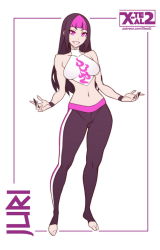 Rule 34 | 1girl, alternate costume, alternate hairstyle, artist name, barefoot, black hair, breasts, character name, female focus, flat color, full body, halterneck, halterneck, han juri, hime cut, looking at viewer, midriff, multicolored hair, navel, pants, purple eyes, purple hair, smile, solo, stomach, street fighter, street fighter v, sweatpants, tight clothes, tight pants, toeless legwear, toes, two-tone hair, watermark, web address, white background, x-t3al