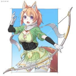 Rule 34 | 1girl, animal ear fluff, animal ears, blonde hair, bow (weapon), breasts, cleavage, fangs, gloves, hair ornament, hairclip, holding, holding bow (weapon), holding weapon, looking at viewer, medium breasts, nyifu, open mouth, original, outside border, pleated skirt, ponytail, purple eyes, scarf, skirt, solo, tail, thighhighs, twitter username, weapon, white gloves, white scarf