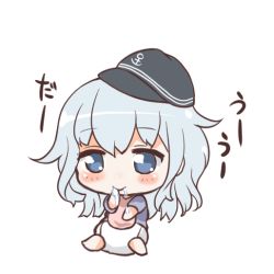 Rule 34 | 10s, 1girl, aged down, alternate costume, anchor symbol, baby, barefoot, bib, commentary request, diaper, drooling, flat cap, full body, gale kawaii, hat, hibiki (kancolle), kantai collection, long hair, saliva, short sleeves, silver hair, simple background, smile, solo, translation request, white background