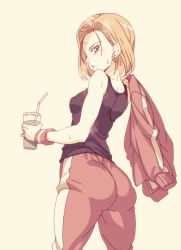 Rule 34 | 1girl, android 18, ass, bad id, bad twitter id, bare arms, bare shoulders, beige background, black shirt, blonde hair, blue eyes, commentary request, cowboy shot, cup, dragon ball, dragon ball super, dragonball z, drinking straw, earrings, expressionless, fingernails, from below, gym uniform, high-waist pants, highres, holding, holding cup, jacket, jacket over shoulder, unworn jacket, jewelry, looking back, pants, pantylines, parted lips, pink pants, shirt, short hair, simple background, sleeveless, sleeveless shirt, solo, sweat, sweatdrop, tasaka shinnosuke, upper body, wristband