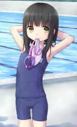 Rule 34 | 1girl, armpits, arms behind head, arms up, black hair, blue one-piece swimsuit, blue school swimsuit, brown eyes, collarbone, cowboy shot, dot nose, eyewear in mouth, female focus, goggles, unworn goggles, highres, holding, looking at viewer, mouth hold, name tag, nontraditional school swimsuit, one-piece swimsuit, original, pool, poolside, school swimsuit, solo, swim cap, unworn swim cap, swimming goggles, swimsuit, two-piece swimsuit, water, yuyuzuki (yume usagi)