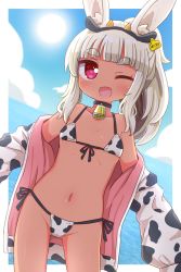 Rule 34 | 1girl, ;d, animal ear fluff, animal ears, animal print, bikini, black hairband, blush, breasts, collarbone, commentary request, cow ears, cow horns, cow print, dark-skinned female, dark skin, day, etrian odyssey, fake animal ears, fake horns, front-tie bikini top, front-tie top, groin, hairband, heart, heart-shaped pupils, highres, horns, jacket, long hair, long sleeves, looking at viewer, masurao (sekaiju), naga u, navel, off shoulder, one eye closed, open clothes, open jacket, open mouth, ponytail, print bikini, print jacket, puffy long sleeves, puffy sleeves, rabbit ears, red eyes, sekaiju no meikyuu, sekaiju no meikyuu 5, short eyebrows, side-tie bikini bottom, sleeves past fingers, sleeves past wrists, small breasts, smile, solo, standing, sun, swimsuit, symbol-shaped pupils, thick eyebrows, white bikini, white hair