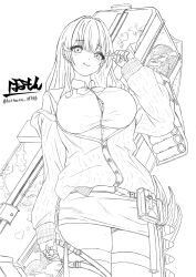 Rule 34 | 1girl, belt pouch, blush, bow, bowtie, breasts, claw ring, closed mouth, collared shirt, goddess of victory: nikke, greyscale, hair ornament, hormone nikke, jacket, large breasts, long hair, mole, mole under eye, monochrome, multiple rings, off-shoulder jacket, off shoulder, partially unbuttoned, pencil skirt, pouch, puffy sleeves, ring, shirt, sketch, skirt, sleeves past wrists, smile, solo, strap, tia (nikke), twitter username, weapon case