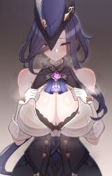Rule 34 | 1girl, absurdres, black bra, black corset, blush, bra, breasts, brooch, cleavage, clorinde (genshin impact), commentary, corset, genshin impact, gloves, hands on own chest, hat, highres, huge breasts, jewelry, laxiusart, looking at viewer, purple eyes, purple hair, shirt, sleeveless, sleeveless shirt, solo, steam, steaming body, tricorne, underwear, vision (genshin impact), white gloves, white shirt