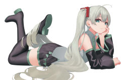 Rule 34 | 1girl, alternate hair color, bare shoulders, black footwear, black skirt, blush, boots, closed mouth, collared shirt, detached sleeves, feet up, full body, green necktie, grey hair, grey shirt, hand on own cheek, hand on own face, hatsune miku, long hair, long sleeves, lying, miniskirt, necktie, on stomach, pleated skirt, shirt, simple background, skirt, solo, thigh boots, thighhighs, twintails, very long hair, vocaloid, white background, yaoku, zettai ryouiki