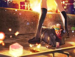 Rule 34 | 1girl, bag, black footwear, black socks, blurry, blurry background, city, food, game cg, head out of frame, kazari jun, kneehighs, loafers, lower body, magia record: mahou shoujo madoka magica gaiden, mahou shoujo madoka magica, official art, shoes, socks, solo, sparkle, standing, sunset, sweets, tagme, umaibou, view between legs