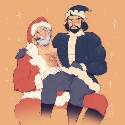 Rule 34 | 2boys, alternate costume, bara, beard, black hair, brown hair, cassidy (overwatch), chest hair, christmas, cigar, costume request, couple, cropped legs, facial hair, grey hair, hanzo (overwatch), hat, large pectorals, male focus, mature male, multiple boys, muscular, muscular male, one eye closed, overwatch, overwatch 2, pectoral cleavage, pectorals, ponytail, red headwear, santa costume, santa hat, short hair, sitting, sitting on lap, sitting on person, sparkle background, thick eyebrows, vimeddiee, yaoi