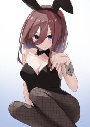 Rule 34 | 1girl, absurdres, animal ears, bare shoulders, black bow, black bowtie, black hairband, black leotard, blue background, blue eyes, bow, bowtie, breasts, brown hair, brown pantyhose, cleavage, closed mouth, collarbone, commentary request, fishnet pantyhose, fishnets, go-toubun no hanayome, gradient background, hair between eyes, hairband, highres, honorikiti, leotard, long hair, looking at viewer, medium breasts, nakano miku, pantyhose, playboy bunny, rabbit ears, solo, strapless, strapless leotard, white background, wrist cuffs