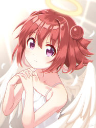 Rule 34 | 1girl, absurdres, akaza akari, angel, angel wings, bare shoulders, blush, camisole, closed mouth, collarbone, commentary request, double bun, feathered wings, feathers, flat chest, floating hair, from side, glowing, hair bun, halo, highres, light smile, looking to the side, own hands clasped, own hands together, purple eyes, red hair, solo, spaghetti strap, upper body, usagi koushaku, white camisole, white wings, wings, yuru yuri