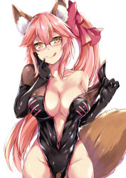 Rule 34 | 1girl, animal ear fluff, animal ears, assertive female, bare tree, blush, bow, breasts, choker, cleavage, collarbone, come hither, covered erect nipples, cowboy shot, fate/grand order, fate (series), fox ears, fox tail, glasses, hair between eyes, hair bow, highres, konka, koyanskaya (assassin) (first ascension) (fate), koyanskaya (fate), large breasts, licking lips, long hair, looking at viewer, no bra, no panties, pink hair, ponytail, simple background, slit pupils, solo, tail, tamamo (fate), tamamo no mae (fate/extra), thighhighs, tongue, tongue out, tree, very long hair, yellow eyes