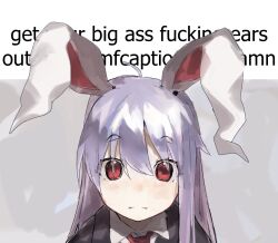 Rule 34 | 1girl, commentary, commeowdore, english commentary, english text, hair between eyes, jacket, long hair, necktie, profanity, purple hair, red eyes, reisen udongein inaba, simple background, solo, touhou, upper body, white background, wing collar