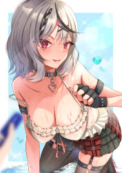 Rule 34 | 1girl, arm strap, black collar, black gloves, black hair, black thighhighs, blue sky, blush, braid, breasts, camisole, cleavage, collar, fingerless gloves, gloves, grey hair, hair ornament, highres, hololive, large breasts, looking at viewer, medium hair, multicolored hair, open mouth, pleated skirt, red eyes, sakamata chloe, single braid, skirt, sky, smile, solo, streaked hair, thighhighs, virtual youtuber, water, wet, white camisole, x hair ornament, zacky