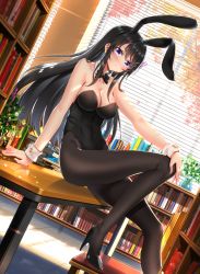 Rule 34 | 10s, 1girl, animal ears, arm support, autumn, autumn leaves, backlighting, bare shoulders, black bow, black bowtie, black footwear, black hair, black leotard, black pantyhose, window blinds, blush, book, bookshelf, bow, bowtie, breasts, chair, cleavage, closed mouth, collar, collarbone, commentary request, day, detached collar, fake animal ears, female focus, fingernails, flower, hair between eyes, hand on own knee, head tilt, high heels, highres, indoors, leotard, long hair, looking at viewer, looking to the side, medium breasts, on table, pantyhose, petals, playboy bunny, purple eyes, purple flower, rabbit ears, reflection, sakurajima mai, seishun buta yarou, shoes, sidelocks, sitting, solo, strapless, strapless leotard, sunlight, swordsouls, table, transparent, tree, vase, very long hair, white collar, white flower, window, wing collar, wrist cuffs, yellow flower