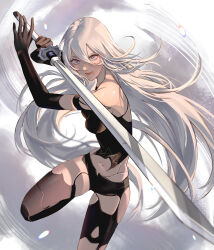 Rule 34 | 1girl, android, armlet, bare shoulders, black gloves, black shorts, black tank top, black thighhighs, breasts, commentary, cowboy shot, crop top, elbow gloves, english commentary, eye trail, floating hair, gloves, grey eyes, hair between eyes, highres, holding, holding sword, holding weapon, joints, katana, light trail, long hair, looking at viewer, medium breasts, midriff, mole, mole under mouth, navel, nier:automata, nier (series), robot joints, shadow, shiny skin, short shorts, shorts, solo, sword, tank top, thighhighs, torn clothes, very long hair, virtuous contract, weapon, white hair, a2 (nier:automata), yubuki i