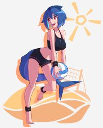 Rule 34 | 1girl, absurdres, astronowo, ball, barefoot, black bra, black shorts, blue hair, borrowed character, bra, fins, fish tail, full body, hair between eyes, highres, mako (azuumori), open mouth, original, parted lips, red eyes, shadow, shark girl, shark tail, sharp teeth, shorts, smile, solo, tail, teeth, underwear, volleyball, volleyball (object)