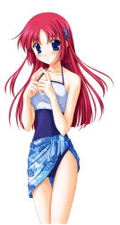 Rule 34 | 00s, 1girl, bare arms, bare shoulders, blush, casual one-piece swimsuit, collarbone, da capo, da capo i, halterneck, highres, long hair, nanao naru, one-piece swimsuit, red hair, sarong, shirakawa kotori, simple background, solo, swimsuit, thigh gap, thighs