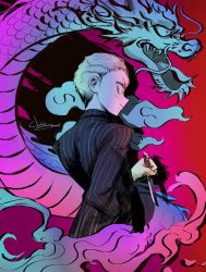 Rule 34 | 1boy, blonde hair, brown eyes, commentary, danganronpa (series), danganronpa 2: goodbye despair, dragon print, from behind, hand in pocket, hand up, holding, jacket, kuzuryu fuyuhiko, long sleeves, looking at viewer, looking back, male focus, pink background, qosic, red background, short hair, signature, smile, smoke, solo, striped clothes, striped jacket, upper body, very short hair