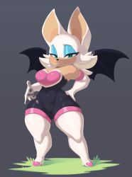 Rule 34 | 1girl, animal ears, armor, bat ears, bat wings, black background, bodypaint, boots, breastplate, breasts, cleavage, cleft of venus, closed mouth, cowboy shot, curvy, elbow gloves, full body, furry, gloves, grass, green eyes, high heel boots, high heels, highres, huffslove, large breasts, looking at viewer, navel, nude, painted clothes, pussy, rouge the bat, shiny skin, simple background, smile, solo, sonic (series), standing, thick thighs, thigh boots, thighs, uncensored, white footwear, white gloves, wide hips, wings