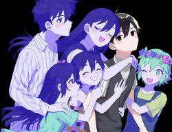 Rule 34 | 2girls, 4boys, antenna hair, aqua eyes, aqua hair, aqua shirt, aubrey (headspace) (omori), aubrey (omori), basil (headspace) (omori), basil (omori), black background, black eyes, black hair, black sweater vest, blush, bow, brother and sister, brothers, checkered clothes, checkered shirt, closed eyes, closed mouth, collared shirt, expressionless, grin, hair between eyes, hair bow, hand on another&#039;s shoulder, hands on another&#039;s shoulders, head wreath, hero (headspace) (omori), hero (omori), highres, kel (headspace) (omori), kel (omori), long hair, long sleeves, mari (headspace) (omori), mari (omori), multiple boys, multiple girls, omori, one eye closed, open mouth, pajamas, pink bow, purple eyes, purple hair, purple sweater vest, shirt, short hair, short sleeves, siblings, sleeveless, smile, striped clothes, striped pajamas, striped shirt, sunny (omori), sweater vest, tank top, teeth, tio zomi, upper teeth only, vertical-striped clothes, vertical-striped pajamas, vertical-striped shirt
