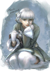 Rule 34 | 1girl, alice elliot, blue eyes, blunt bangs, closed mouth, gloves, head rest, holding, noie (neunteedelstein), painterly, shadow hearts, short hair, sitting, sleeves past wrists, smile, solo, thighhighs, twitter username, white gloves, white hair, white thighhighs