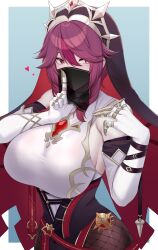 Rule 34 | 1girl, absurdres, bare shoulders, breasts, elbow gloves, genshin impact, gloves, hat, heart, highres, index finger raised, kanta (kanta 077), large breasts, mouth veil, multicolored hair, pale skin, red hair, rosaria (genshin impact), solo, streaked hair, upper body, veil