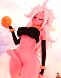 Rule 34 | 1girl, 3d, android 21, artist name, artist request, bottomless, breasts, colored skin, convenient censoring, covered erect nipples, covering privates, covering crotch, forsaken (artist), highres, large breasts, majin android 21, navel, pink skin, solo, standing, stomach, tagme, underboob