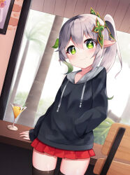 Rule 34 | 1girl, akimiya yamiku, alternate costume, arm support, black sweater, black thighhighs, blurry, casual, cocktail glass, collarbone, commentary request, contemporary, cup, depth of field, drink, drinking glass, genshin impact, gradient hair, hair between eyes, hair ornament, highres, hood, hooded sweater, indoors, leaf hair ornament, long hair, long sleeves, looking at viewer, miniskirt, multicolored hair, nahida (genshin impact), pleated skirt, red skirt, side ponytail, sidelocks, skirt, solo, sweater, symbol-shaped pupils, table, thighhighs, two-tone hair, zettai ryouiki
