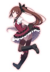 Rule 34 | 1girl, black bow, black gloves, boots, bow, brown hair, brown thighhighs, frilled skirt, frills, full body, gloves, gothic wa mahou otome, hair bow, ichi ni ichi, knee boots, lolita fashion, long hair, official art, outstretched hand, ponytail, ranan (gothic wa mahou otome), ranun (gothic wa mahou otome), red eyes, running, skirt, smile, solo, thighhighs, thighhighs under boots, transparent background, very long hair, white background